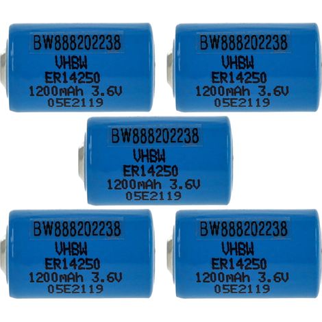vhbw 5x Lithium ER14250 Round Cell Batteries Replacement for 1/2AA, 1770-XZ, 3B26, 418-0076, 60-0576-100 - Special Battery (1200mAh, 3.6 V, Li-SOCl2)