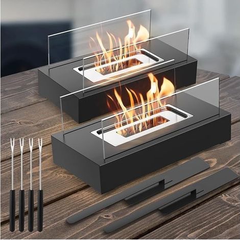 Ensemble de 2 cheminées de table, pour intérieur et extérieur, cheminées de table à l'éthanol pour patio, jardin, salon, dîner en famille, fête, fête des mères (métal noir) (1/5)