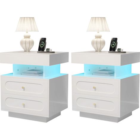 Lot 2 tables de chevet blanches 50x40x60 cm à LED, deux tiroirs et un espace ouvert de rangement pour chambre (1/5)
