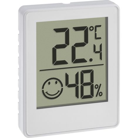 TFA Dostmann Termómetro digital mini higrómetro 30.5039.02, termómetro de ambiente, temperatura y humedad, con zonas de confort sonriente, color blanco (1)