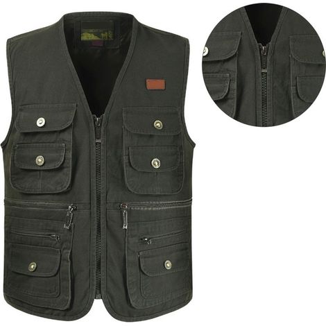 Veste de pêche respirante en coton, multiples poches, taille XL, vert, parfaite pour journalisme et plein air. (1/5)