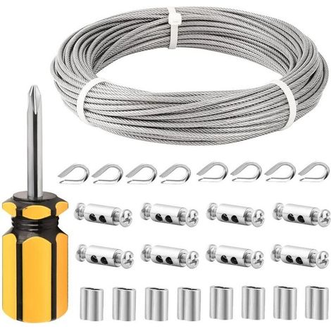 Câble en acier inoxydable 3mm 30m – Revêtu de PVC – 10 manchons et cosses inclus – Pour garde-corps et éclairages extérieurs (1/5)