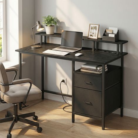 Vasagle – Bureau gamer noir 120 x 60 cm – Support d’écran ergonomique – Tiroirs en tissu pour rangement – Prises USB intégrées