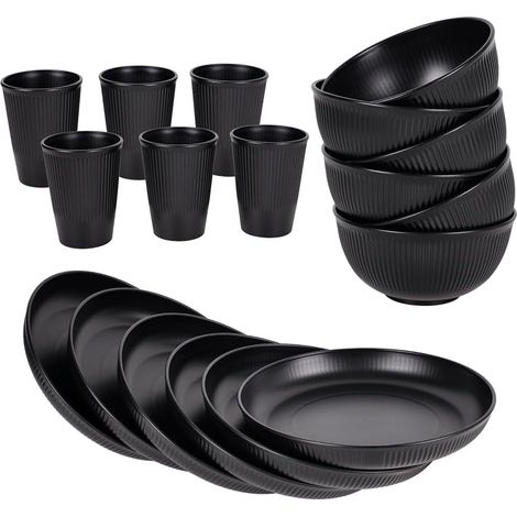 Assiette - Bol - Tasse En Paille De Blé - 18 Pièces - Set De Vaisselle Réutilisable - Adapté Micro-ondes Et Lave-vaisselle - Noir Mat (1/5)