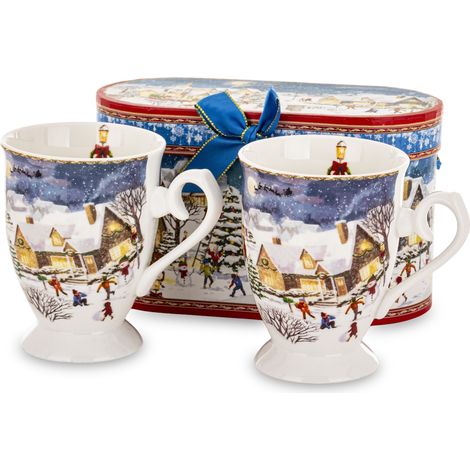 Coffret cadeau de Noël, lot de 2 tasses multicolores en porcelaine, 11 x 12 x 8 cm
