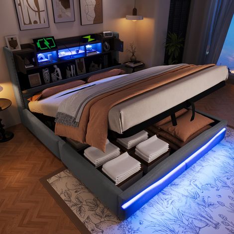 Polsterbett Leinen Grau 160x200 cm mit hydraulischem Stauraum, LED-Beleuchtung und USB/Typ-C-Anschlüssen