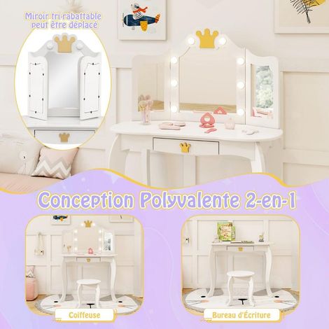 Enfants 3-7 ans, coiffeuse facile à transformer en bureau avec tabouret, miroir acrylique et lumière LED (1/5)