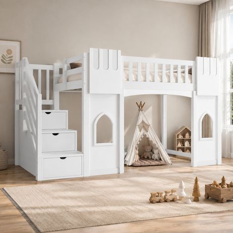 Letto a soppalco per bambini 90x200 cm in legno bianco, salvaspazio, senza materasso FloraGrace (1/5)