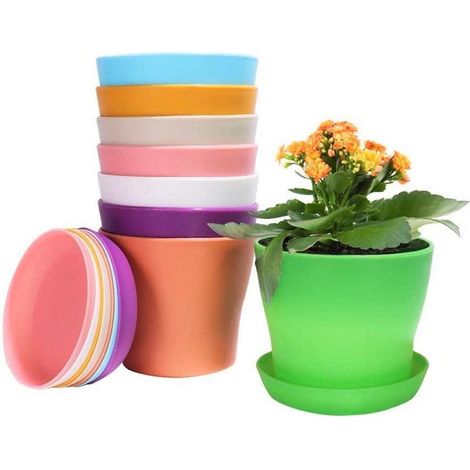 8er Set bunte Kunststoff-Blumentöpfe 14cm mit Untersetzern für Sukkulenten (1/5)