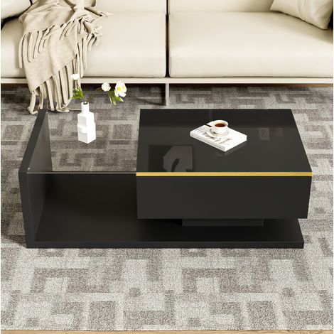 Table basse 100x50x32,5 cm noire en panneau de particules et verre trempé avec LED 16 couleurs (1/5)