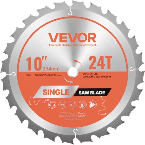VEVOR Lame de scie circulaire Ø 254 mm, lame de coupe pour scie circulaire, 24 dents alliage, arbre 15,875 mm, finition soignee, avec events de chauffage antibruit, pour couper contreplaque, bois dur