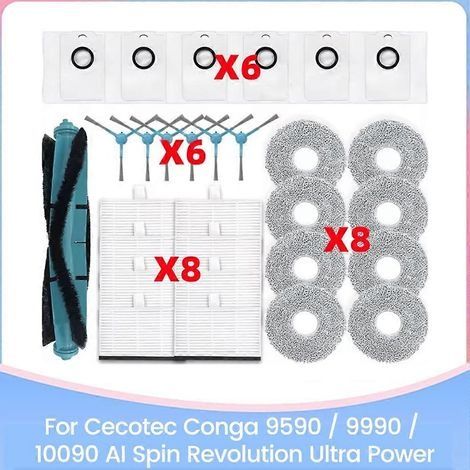 Lot de 29 pièces pour aspirateur Cecotec Conga 9590/9990/10090 AI Spin Revolution Ultra Power : brosse, filtre HEPA, chiffon et sac à poussière. (1/5)