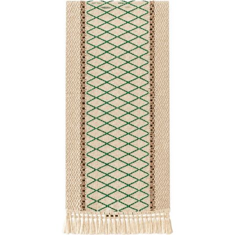 Chemin de table rétro à rayures japonaises, drapeau de table tissé en coton et lin, Noël, 30 cm de large (la largeur dépend de la couleur) x longueur 50 cm (la taille comprend les pompons) - Vert quad (1/5)