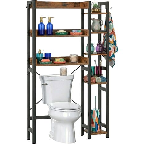 Relaxdays Toilettenregal, 3 Ebenen, WC-Überbauregal, Badregal über Toilette, HBT 161x80x24cm, Metall, MDF, schwarz/braun