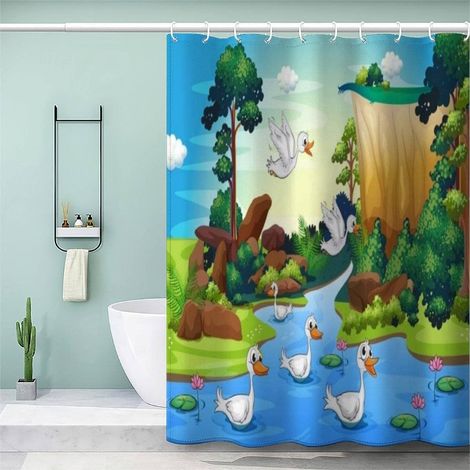 Rideau de Douche Anti Moisissure 90x180cm Canard Tissu 100% Polyester Salle De Bains Rideaux Imperméable Lavable en Machine avec 12 Crochets pour Baignoire Forêt (1/5)