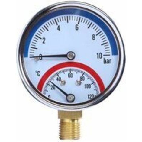SABIR – Temperaturanzeige 0–10 bar – Thermometer 0–120 °C – G1/2"-Anschluss unten – Übersichtliche Anzeige für Druck und Temperatur (1/5)
