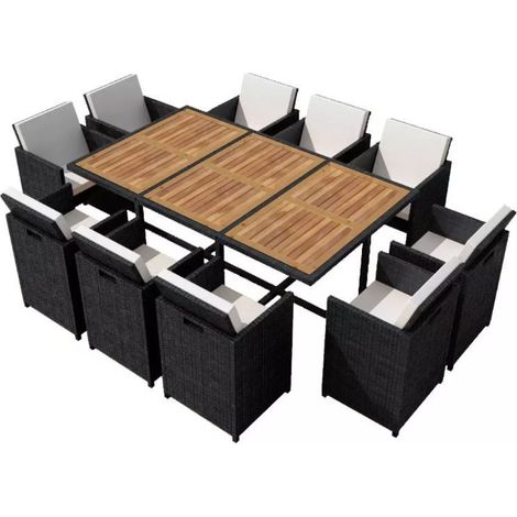 Table rectangulaire et 10 chaises de jardin résine tressée noir Iris (1/5)