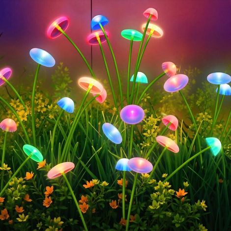 Lampe solaire de terrasse en forme de champignon à 8 têtes - idéale pour décorer votre jardin au printemps et en été - Lot de 4, lumières colorées (1/4)