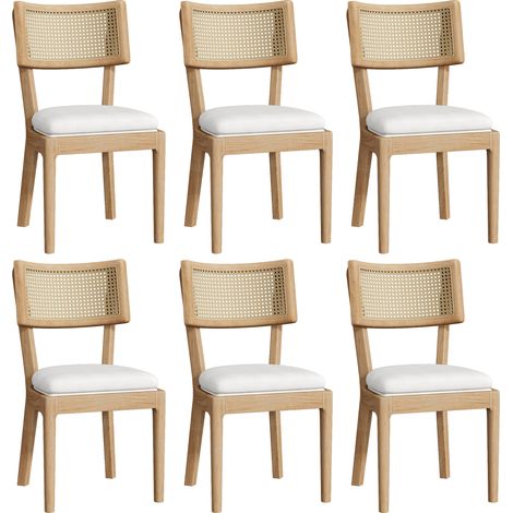 6 sedie da pranzo in legno con schienale in rattan e seduta in lino, stile moderno, colore legno (1/5)