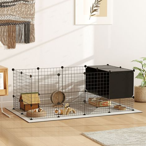 Enclos pour petits animaux. cage à lapin modulable 31 panneaux avec niches surélevées. en acier. 140x70x52cm. noir
