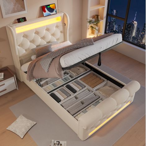 Polsterbett 90/200 cm beige aus Samt mit LED, Stauraum und USB-/Typ-C-Anschlüssen (1/5)