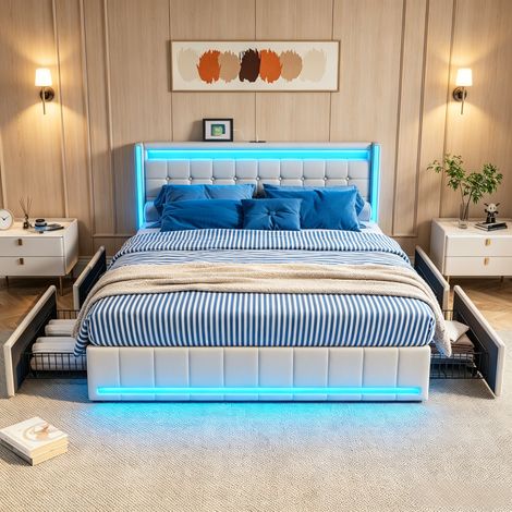 JOOKGBD-Doppelbett Polsterbett 180x200cm,Jugendbett,mit Bettkasten und Lattenrost,bett mit USB-Anschlüssen, LED-Bett mit 4 Schubladen,Leinenstoff,ohne Matratze,Beige