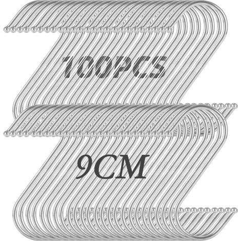 Crochets métalliques en S, 9 cm, lot de 100 pièces Crochets en S en acier inoxydable Crochets en forme de S pour suspendre des casseroles et des vêtements Convient pour une utilisation dans la cuisine (1/5)