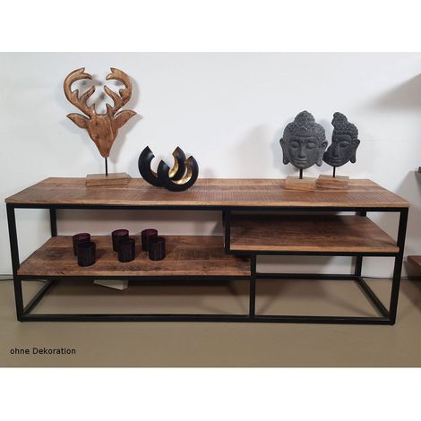 Meuble TV Bas avec 3 Étagères en Bois de Manguier Massif et Métal Noir Mat 150 x 51 x 36 cm - PANGIVO (1/5)