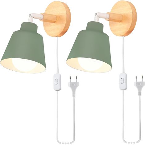 2 Pack Retro Vintage Wall Lights E27 Industrial Wood and Metal Adjustable Interior Wall Lamp with Socket and Switch Modern for Bedroom, Living Room, Cafe (Olive Green) (1/5)
