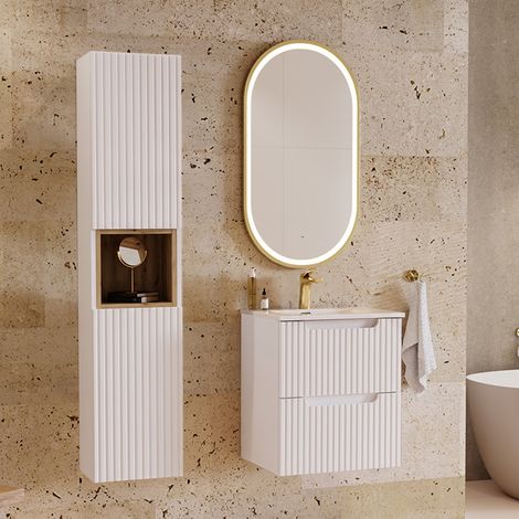 Conjunto de muebles con lavabo individual encastrado 50cm 2 cajones y columna Riva Blanco y Madera (1/4)