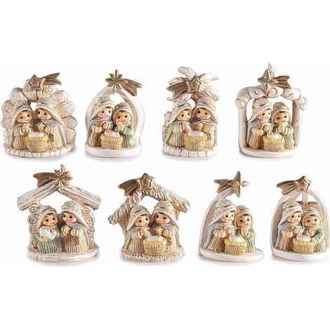 Santons scènes de crèche Sainte Famille avec étoile filante dorée en résine colorée, lot de 8, 6 x 3,5 x H. 6,5 cm