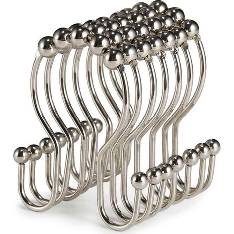 Lot de 12 crochets de rideau de douche, doubles crochets coulissants en acier inoxydable antirouille, anti-chute pour rideau de douche de salle de bain (nickel)