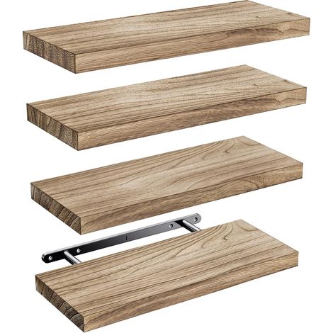 Etagere Murale 40 cm, Bois de Paulownia, Lot de 4, Brun Clair Étagères murales à supports métalliques cachés, 10 kg par tablette, pour salle de bain, chambre, bureau, salon et cuisine (1/5)
