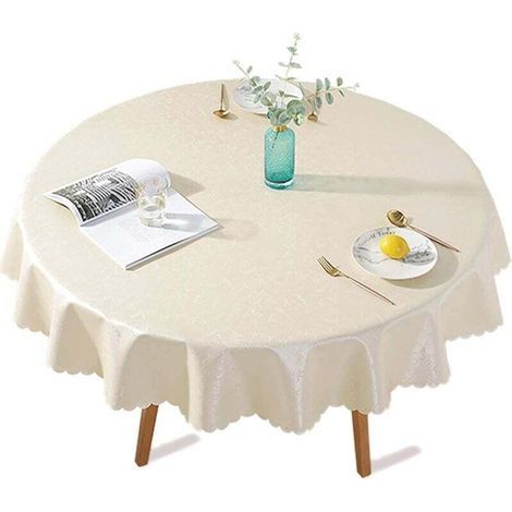 Round PU Coated Plastic Tablecloth, Stain Resistant, Waterproof, Oilcloth, Elegant Floral Design for Picnic, Outdoor, Garden - Diameter 140cm, Light Beige (1/4)