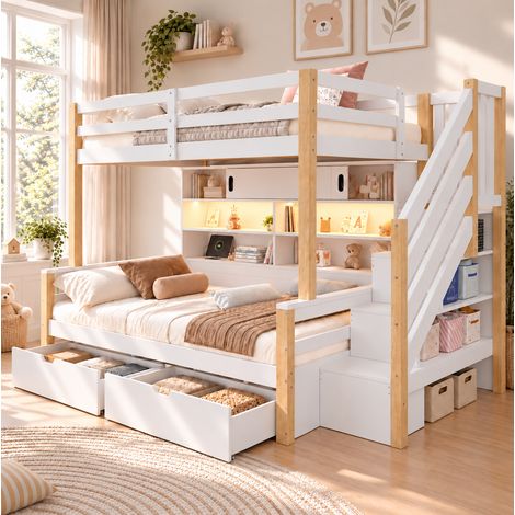 Litera infantil 90x200 madera blanca y natural, con almacenaje para cuarto, sin colchón FloraGrace (1/5)