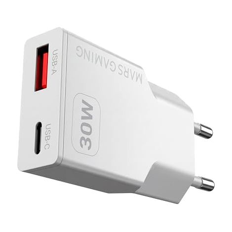 Mars Gaming MD-GAN30, Cargador USB 30W, Carga Rápida PD 3.0 y QC 3.0, Tecnología GAN, Formato Ultracompacto y Ligero, 9 Protecciones de Seguridad, Puerto USB-C y USB-A, Enchufe Europeo Tipo C, Blanco