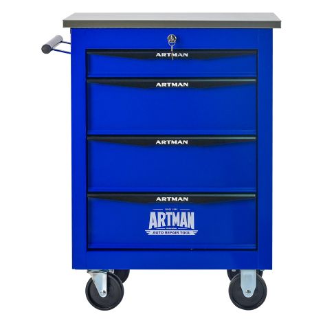 Chariot à outils 4 tiroirs métal roues toit acier inoxydable noir et bleu (1/5)