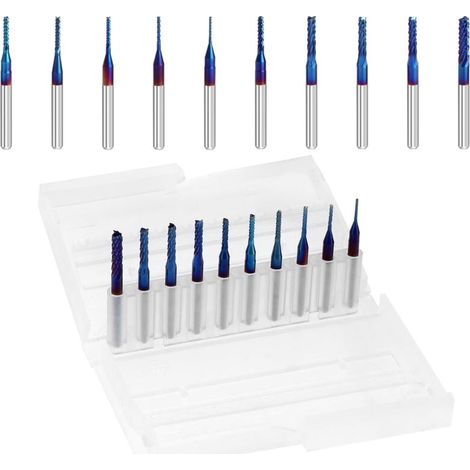 Bits de routeur CNC de fraise en bout Nano Blue Coat, tige de 1/8 pouces, paquet de 0,8 à 3,175 mm de 10 pour bois dur en fibre de carbone PCB SMT