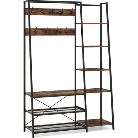 Appendiabiti con ripiani 9 ganci 5 ripiani laterali e 2 ripiani in rete, Scaffale d'ingresso 5-in-1 in metallo Marrone (1/4)