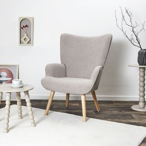 The Home Deco Factory – Fauteuil convertible bouclette gris – Confort optimal – Design moderne avec pieds en bois clair – Pour salon élégant