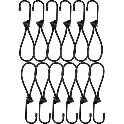 Lot de 12 tendeurs en caoutchouc avec crochets - 20 cm - Noir - Pour bâches de camping, remorque, bâche de piscine (1/5)