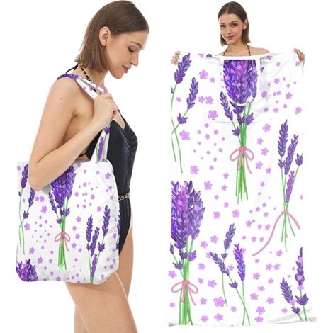 Serviette de plage / sac de plage 2 en 1 - XXL 160x80 CM - serviette de bain en microfibre, - violet (1/4)