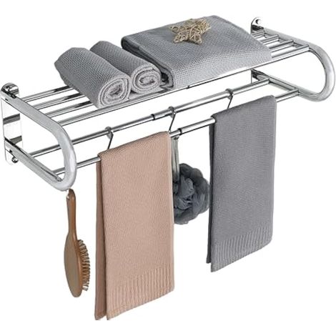 Porte Serviette Salle de Bain Double Étagère avec 4 Crochets, Rétractable Barres Porte-Serviettes Mural, Extensible 40-69CM, Large Éventail d'Applications, Seche Serviette Mural Pratique (1/5)
