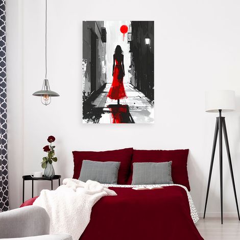Wandbild Frau in einem roten Kleid die eine schmale Straße entlanggeht 60x90 (1/4)