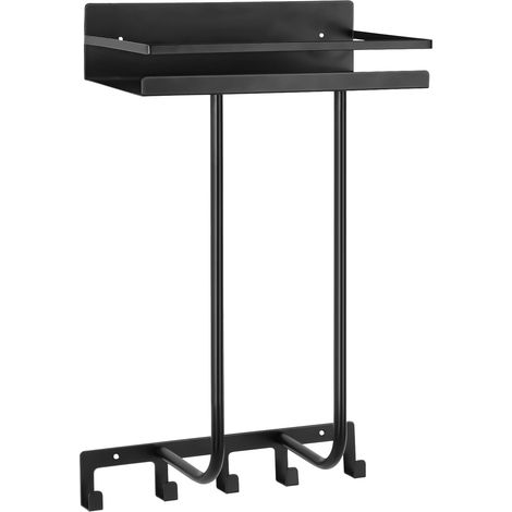Porte-Serviettes Mural Noir avec Étagère et Crochets - Rangement pour Serviettes de Bain, en Métal Anti-Rouille, pour Salle de Bain, Sans Perçage Optionnel
