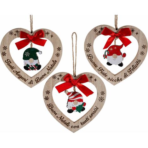 Ghirlanda a cuore in legno da appendere, con decorazione gnomo Natale, scritte e fiocco, set da 9 pezzi, cm 15 x 15 H