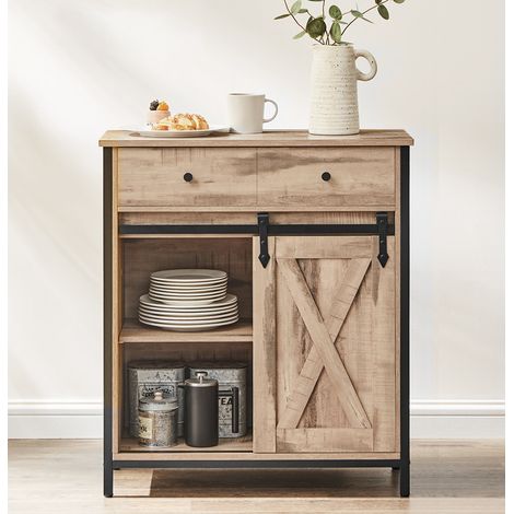 Vasagle – Buffet de cuisine avec porte coulissante – Dimensions 70 x 30 x 80 cm – Étagères réglables – Style campagnard marron et noir