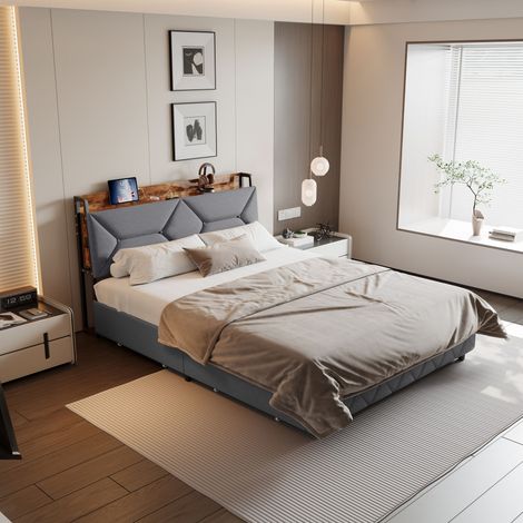 Lit coffre double adulte 140x200 cm en velours capitonné avec 4 tiroirs extra-larges, tête de lit extensible, ports USB et Type-C, sommier à lattes