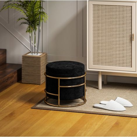 Aufbewahrungspouf Ø42x39 cm schwarz, gepolsterter Sitz, goldfarbenes Metallgestell, MEUBLIV (1/5)