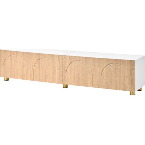 Meuble TV 4 portes avec relief en arc, pieds en métal, design moderne bois naturel et blanc (1/5)